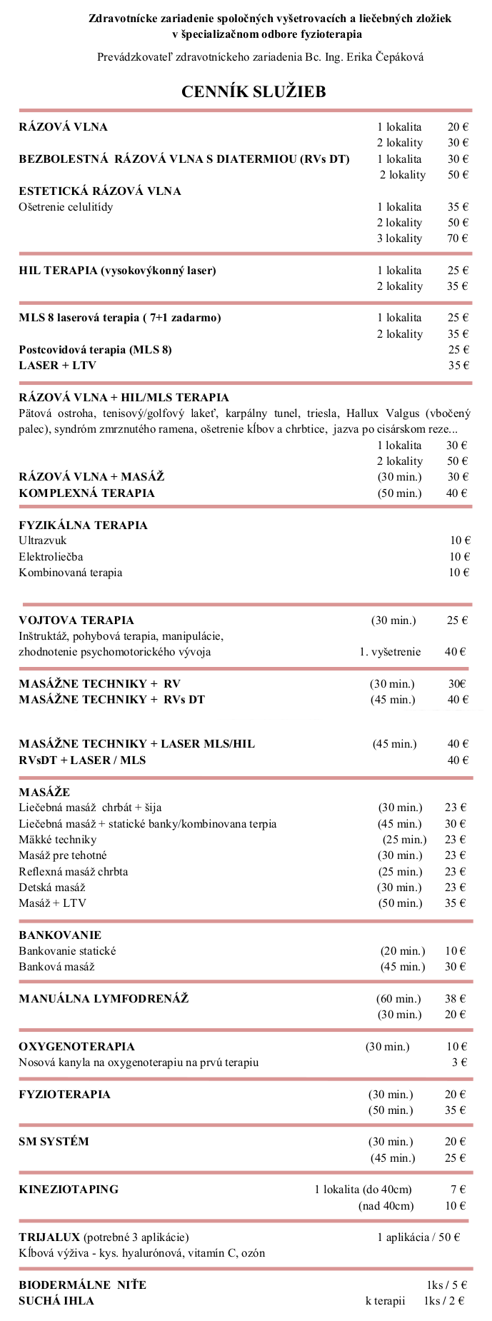 Cenník procedúr.